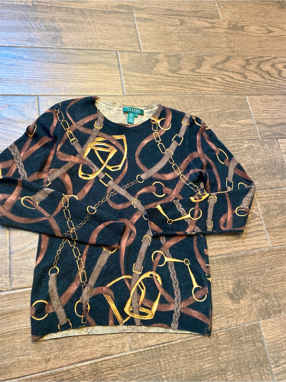Lauren Ralph Lauren Black Sweater with Brown & Gold Equestrian Chain Print